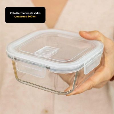 Vasilha Hermético De Vidro Quadrado 800 Ml Pote Com Tampa Mantimentos Para Microondas Freezer