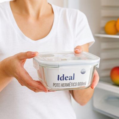 Vasilha Hermético De Vidro Quadrado 800 Ml Pote Com Tampa Mantimentos Para Microondas Freezer