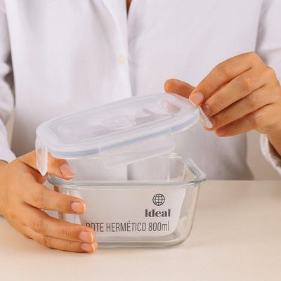 Vasilha Hermético De Vidro Quadrado 800 Ml Pote Com Tampa Mantimentos Para Microondas Freezer