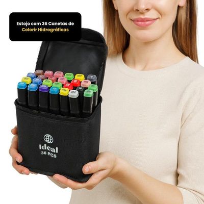 Estojo Com 36 Canetas De Colorir Hidrográficas Para Pintar Desenho Bob Duas Pontas