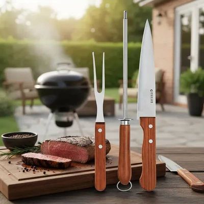 Kit 3 Peças Para Churrasco Açougue Faca Garfo Chaira Inox