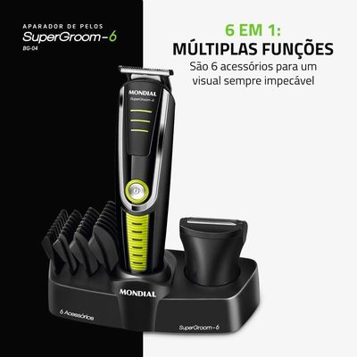 Aparador de Pelos Mondial Super Groom 6 em 1 BG-04 Sem Fio Preto/Verde - Bivolt