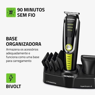 Aparador de Pelos Mondial Super Groom 6 em 1 BG-04 Sem Fio Preto/Verde - Bivolt