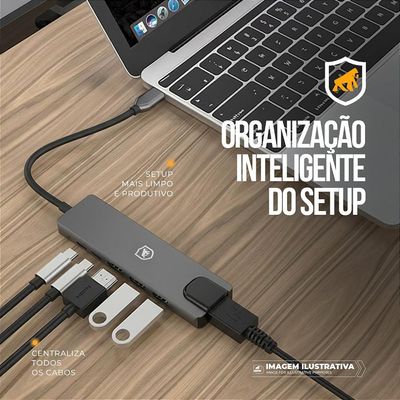 Adaptador Hub USB-C 6 em 1 com RJ45 Gigabit, HDMI 4K e PD 100W para Notebook - Hybrid - Gshield