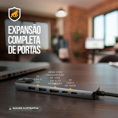 Adaptador Hub USB-C 6 em 1 com RJ45 Gigabit, HDMI 4K e PD 100W para Notebook - Hybrid - Gshield