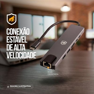Adaptador Hub USB-C 6 em 1 com RJ45 Gigabit, HDMI 4K e PD 100W para Notebook - Hybrid - Gshield