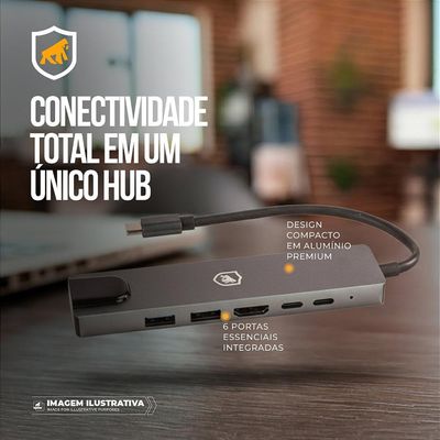 Adaptador Hub USB-C 6 em 1 com RJ45 Gigabit, HDMI 4K e PD 100W para Notebook - Hybrid - Gshield
