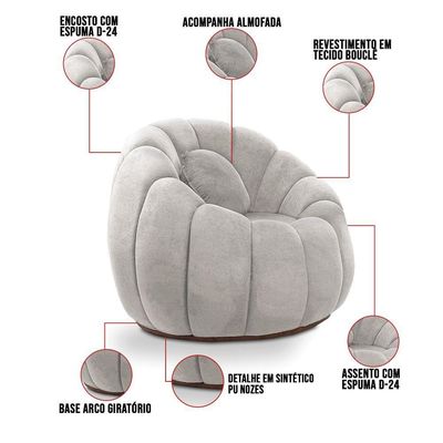 Sofá 2 Lugares Com Puff E Poltrona Orgânica Fixa Cloud Bouclê Cinza Claro E03 - D'rossi