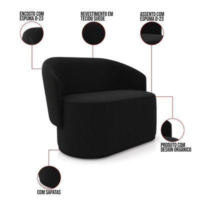 Sofá 2 Lugares Namoradeira Orgânica Para Sala Malu Suede Preto M11 - D'rossi