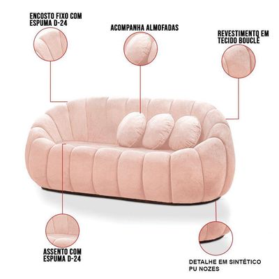 Sofá 2 Lugares Com Puff E Poltrona Orgânica Fixa Cloud Bouclê E03 - D'rossi Cor Rose