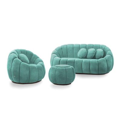 Sofá 2 Lugares Com Puff E Poltrona Giratória Orgânica Cloud Bouclê Azul Turquesa E03 - D'rossi