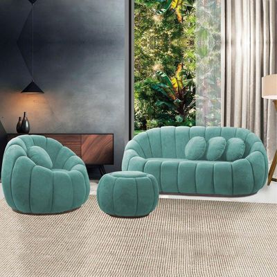 Sofá 2 Lugares Com Puff E Poltrona Giratória Orgânica Cloud Bouclê Azul Turquesa E03 - D'rossi