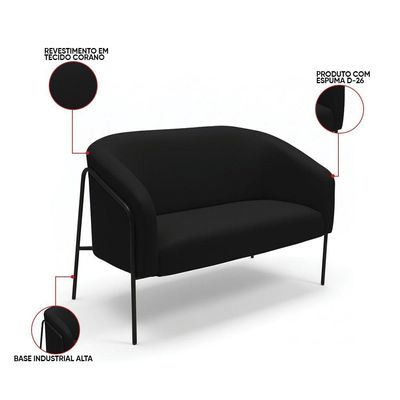 Sofá 2 Lugares Namoradeira Stella Base Industrial Alta Preta Sintético Pu D03 - D'rossi Preto