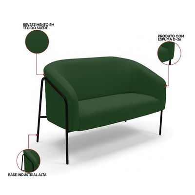 Sofá 2 Lugares Namoradeira Stella Base Industrial Alta Preta Suede D03 - D'rossi Cor Verde