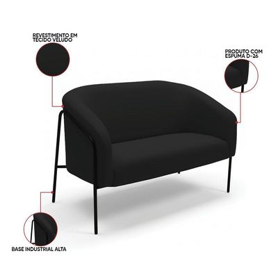 Sofá 2 Lugares Namoradeira Stella Base Industrial Alta Preta Veludo D03 - D'rossi Cor Preto