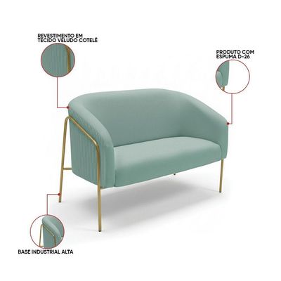 Sofá 2 Lugares Namoradeira Stella Base Industrial Alta Dourada Veludo Cotelê Menta D03 - D'rossi