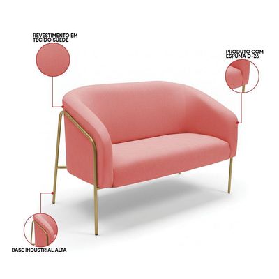 Sofá 2 Lugares Namoradeira Stella Base Industrial Alta Dourada Suede D03 - D'rossi Rose