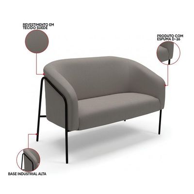 Sofá 2 Lugares Namoradeira Stella Base Industrial Alta Preta Suede D03 - D'rossi Cor Grafite