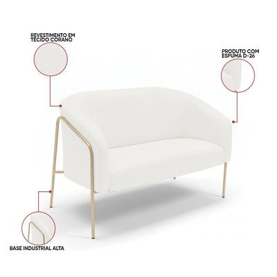 Sofá 2 Lugares Namoradeira Stella Base Industrial Alta Dourada Sintético Pu D03 - D'rossi Branco