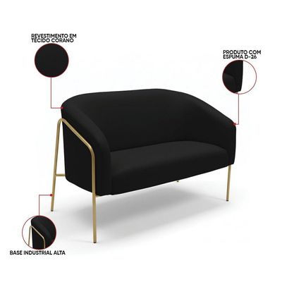 Sofá 2 Lugares Namoradeira Stella Base Industrial Alta Dourada Sintético Pu Preto D03 - D'rossi