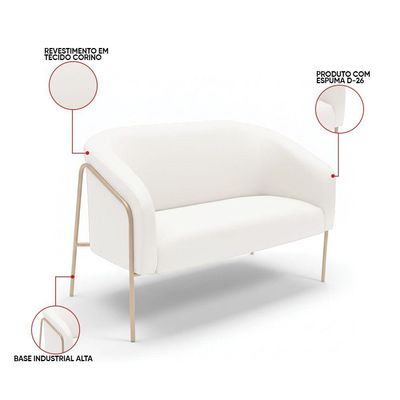 Sofá 2 Lugares Namoradeira Stella Base Industrial Alta Dourada Sintético Branco D03 - D'rossi