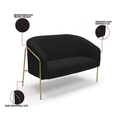Sofá 2 Lugares Namoradeira Stella Base Industrial Alta Dourada Veludo D03 - D'rossi Cor Preto