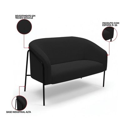 Sofá 2 Lugares Namoradeira Stella Base Industrial Alta Preta Bouclê D03 - D'rossi Cor Preto