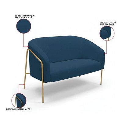 Sofá 2 Lugares Namoradeira Stella Base Industrial Alta Dourada Bouclê Azul D03 - D'rossi