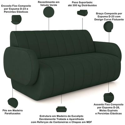 Sofá 2 Lugares Sala Living Orgânico 168cm Fávara K01 Veludo Verde - Lyam Decor