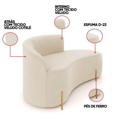 Sofá 2 Lugares Orgânico 140cm Pé Dourado Morgan Cotelê Ext-veludo Bege D03 - D'rossi