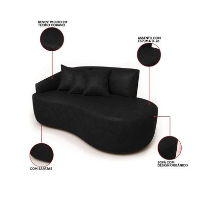 Sofá 2 Lugares Orgânico 140 Cm Morgan Sintético Pu Preto D03 - D'rossi