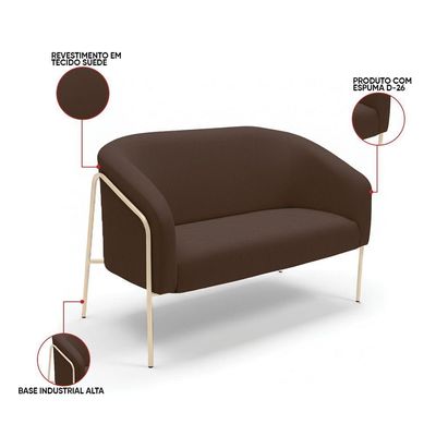 Sofá 2 Lugares Namoradeira Stella Industrial Alta Champanhe Suede Marrom D03 - D'rossi