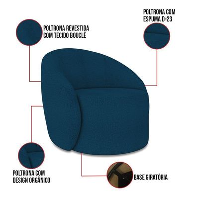 Sofá 3 Lugares Orgânico 180cm Morgan E 2 Poltronas Lua Bouclê Azul D03 - D'rossi