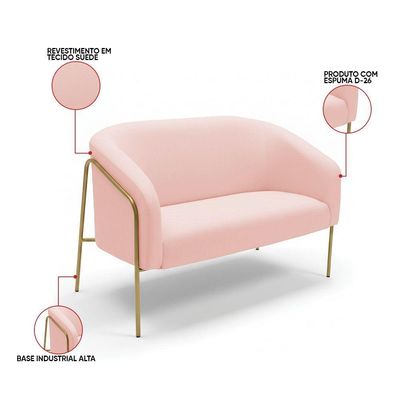Sofá 2 Lugares Namoradeira Stella Base Industrial Alta Dourada Suede D03 - D'rossi Rosa Bebê