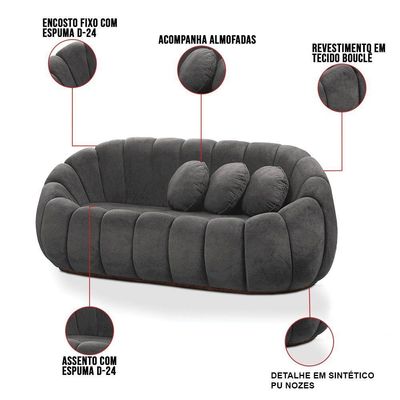 Sofá 2 Lugares Orgânico Para Sala Cloud Bouclê E03 - D'rossi Cinza Escuro