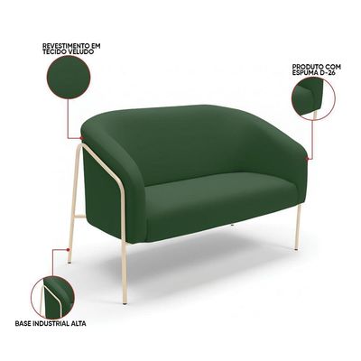 Sofá 2 Lugares Namoradeira Stella Base Industrial Alta Champanhe Veludo D03 - D'rossi Cor Verde