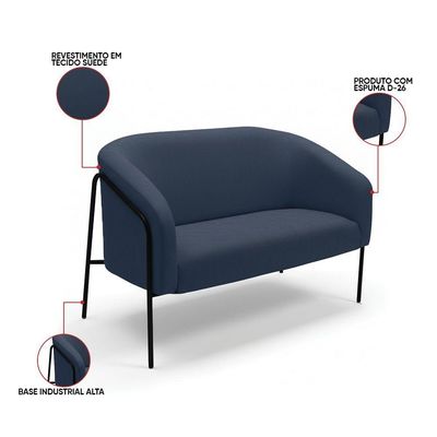 Sofá 2 Lugares Namoradeira Stella Base Industrial Alta Preta Suede D03 - D'rossi Cor Azul Marinho