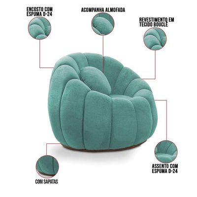Sofá 2 Lugares Com Puff E Poltrona Orgânica Fixa Cloud Bouclê E03 - D'rossi Cor Azul Turquesa