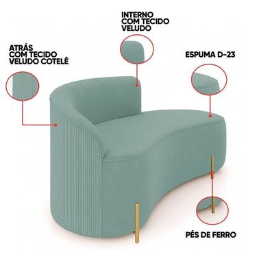 Sofá 2 Lugares Orgânico 140cm Pé Dourado Morgan Cotelê Ext/veludo Menta D03 - D'rossi