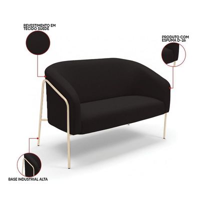 Sofá 2 Lugares Namoradeira Stella Base Industrial Alta Champanhe Suede Preto D03 - D'rossi