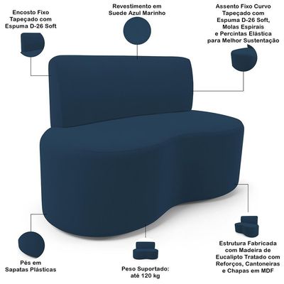 Sofá 2 Lugares Orgânico Para Sala De Estar Living Larissa L02 Suede Azul Marinho - Lyam Decor