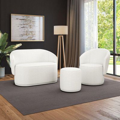 Sofá Namoradeira Com Poltrona E Puff Orgânico Sala Malu Bouclê Off White M11 - D'rossi