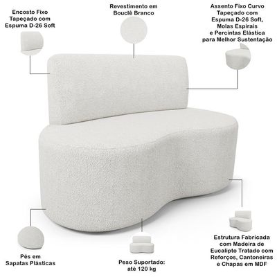 Sofá 2 Lugares Orgânico Para Sala De Estar Living Larissa L02 Bouclê Branco - Lyam Decor