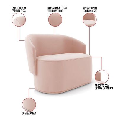 Sofá Namoradeira E 2 Poltronas Orgânica Para Sala Malu Veludo M11 - D'rossi Rose