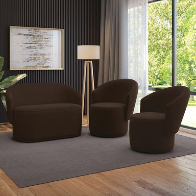 Sofá Namoradeira E 2 Poltronas Orgânica Para Sala Malu Suede Marrom M11 - D'rossi