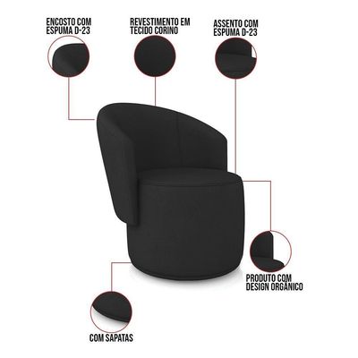 Sofá Namoradeira E 2 Poltronas Orgânica Para Sala Malu Sintético Preto M11 - D'rossi