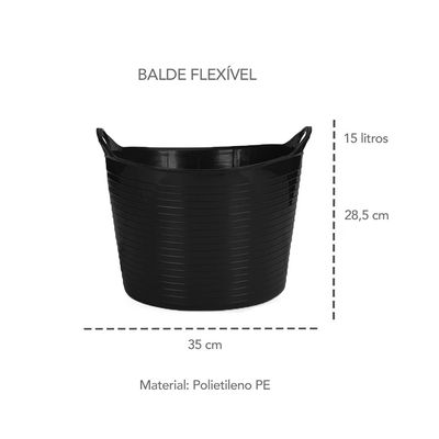 Balde Flexivel Cesto Multiuso Preto Roupa Brinquedos 15L