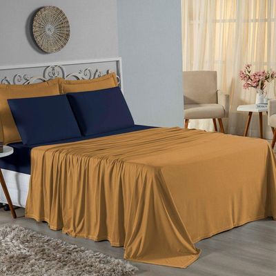 Jogo  Cama Casal Nobre 4 Peças Lençol  Elástico  30cm  Altura  100% Algodão  Cobre  Azulmarinho