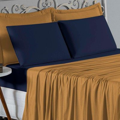Jogo  Cama Casal Nobre 4 Peças Lençol  Elástico  30cm  Altura  100% Algodão  Cobre  Azulmarinho