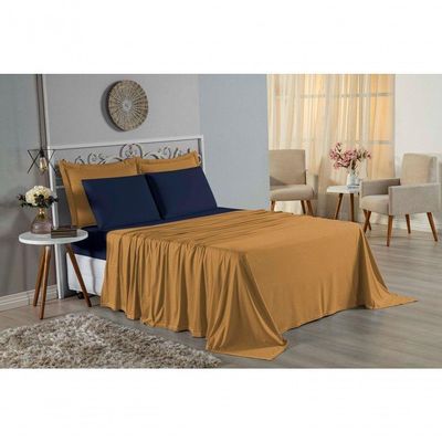 Jogo  Cama Casal Nobre 4 Peças Lençol  Elástico  30cm  Altura  100% Algodão  Cobre  Azulmarinho